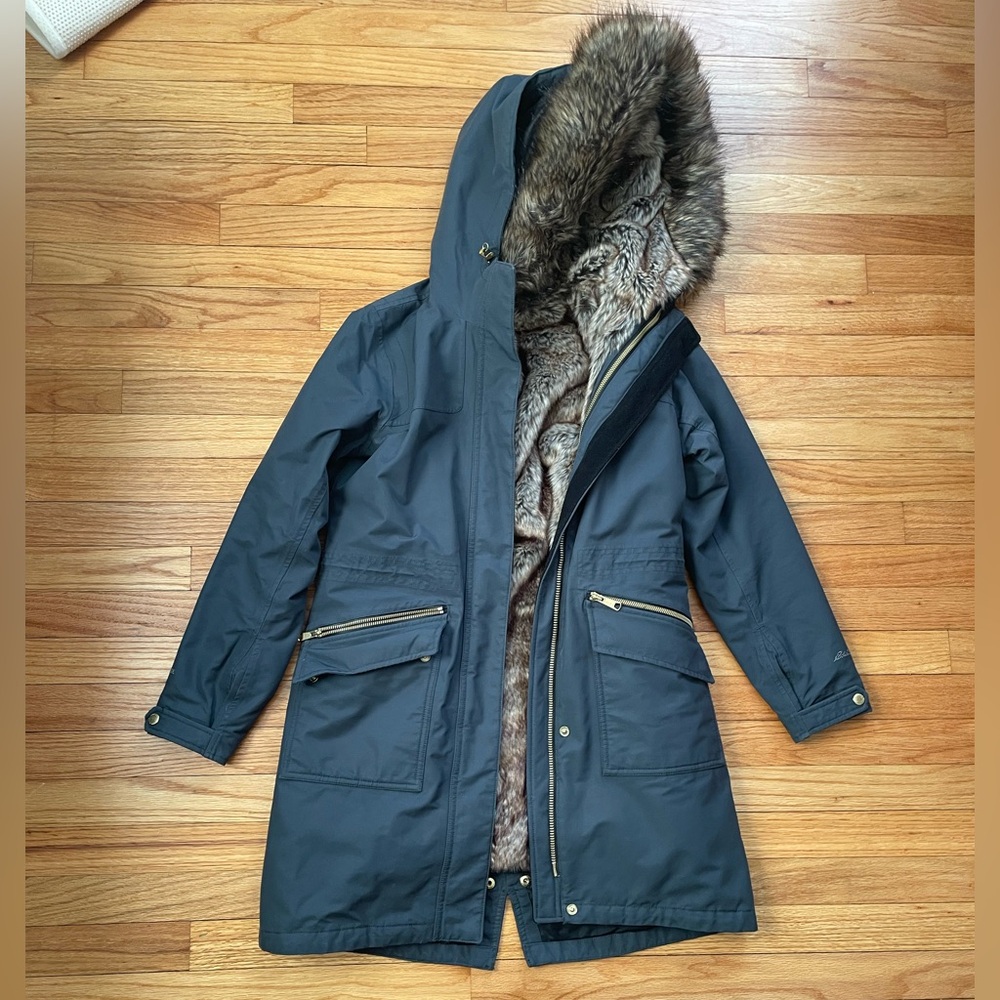 Eddie Bauer Charly Versa 3-in-1 Parka, slate gray with gold zippers, size XS